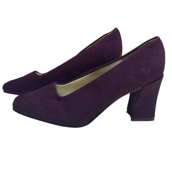 1980’s Vintage Jasmin Dark Purple Block Heels Closed Square Toe Leather Sole - Picture 4 of 11